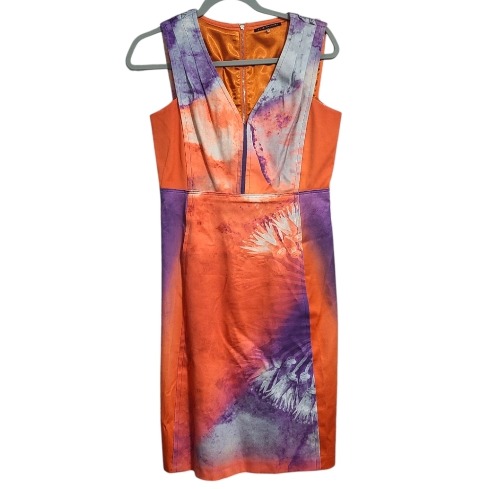 Elie Tahari Orange Purple Abstract Print Fit and Flare V Neck Dress Sz 6